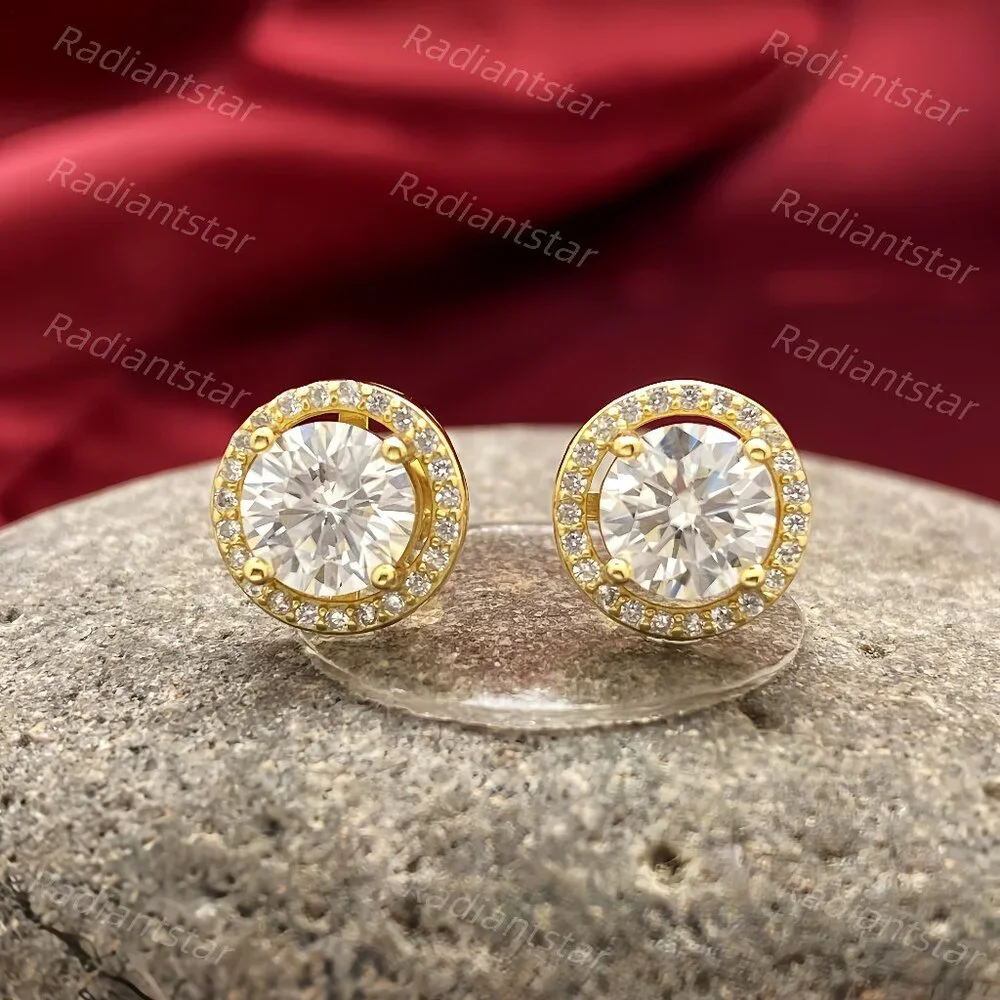 NEW Certified 2ct. t.w. Moissanite Gold Round Halo Screw Back Stud Earrings